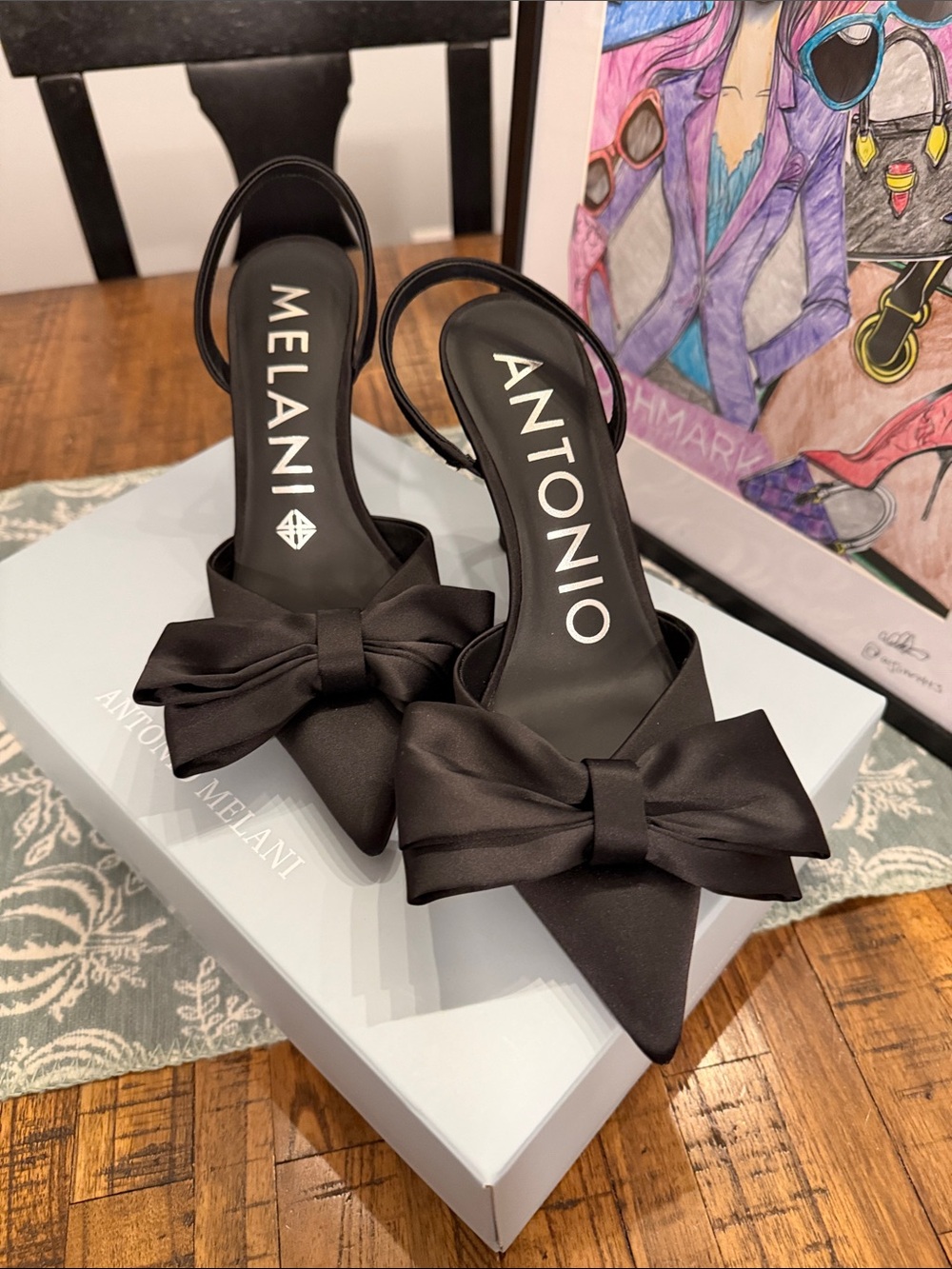 ANTONIO MELANI Black Satin Pointed-Toe Slingback Heels with Bow - Picture 9 of 15